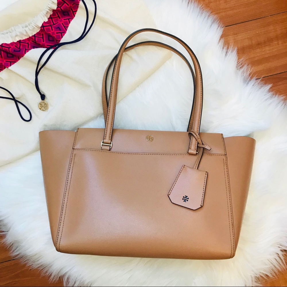Tory Burch Small Parker Leather Tote Cardamom Navy - Picture 1 of 8